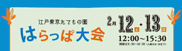 江戸東京たてもの園 はらっぱ大会 2月12日(土)・13(日)12:00～15:30 開園は9:30～16:30(入園は16:00まで)